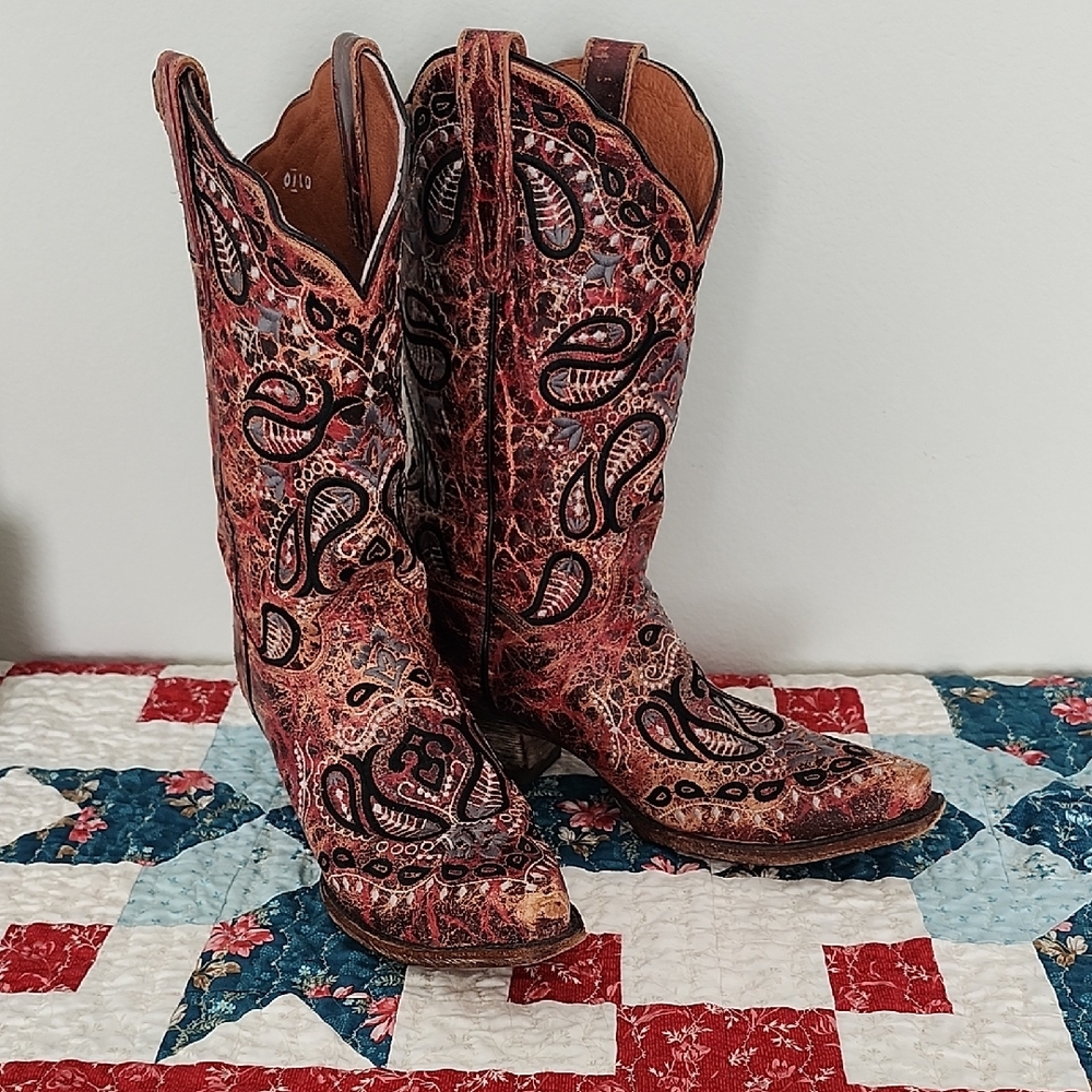 Dan Post Dark Red Distressed Leather Paisley Julissa Boots Size 9.5  Embroidered